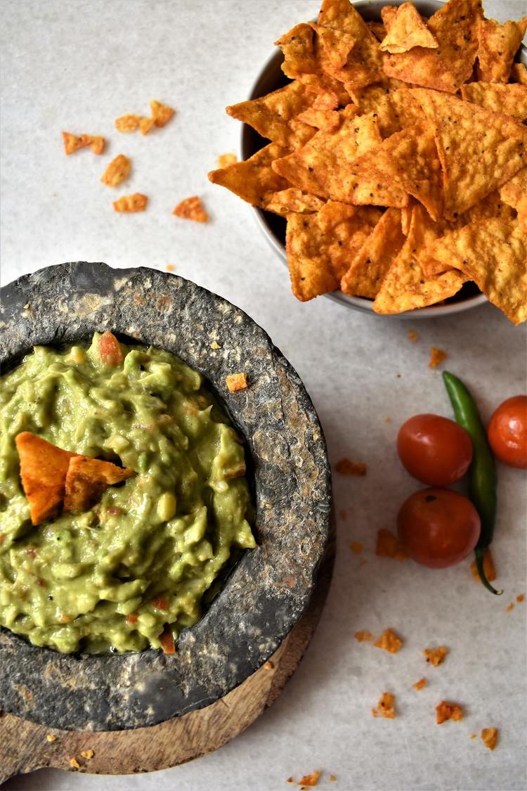 Guacamole Dip with Corn, Cherry Tomatoes, Peppers and Chips - Guacamole Recipe